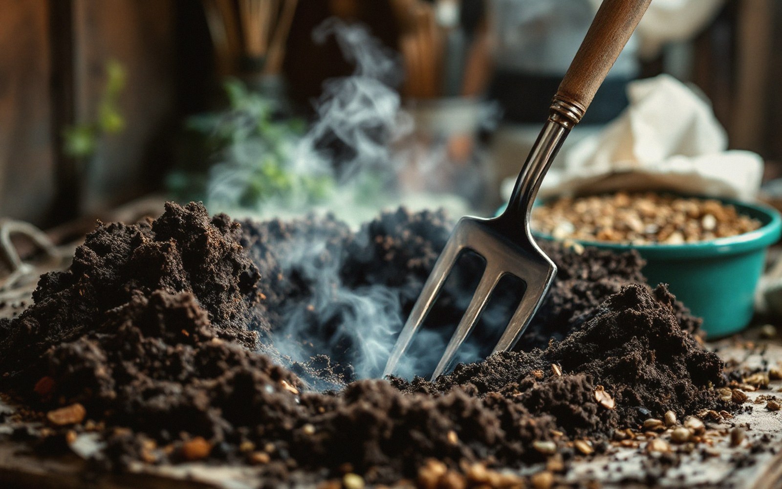 A garden fork stuck into a steaming pile of dark compost