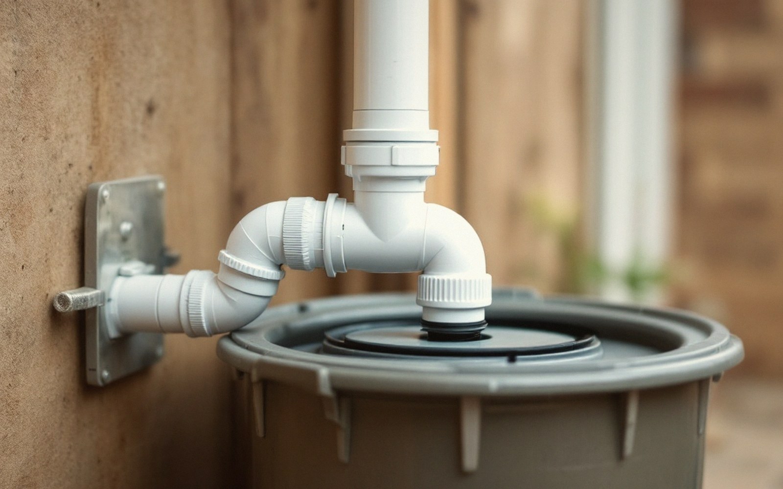 White PVC downpipe diverter routing rainwater into a lidded water butt