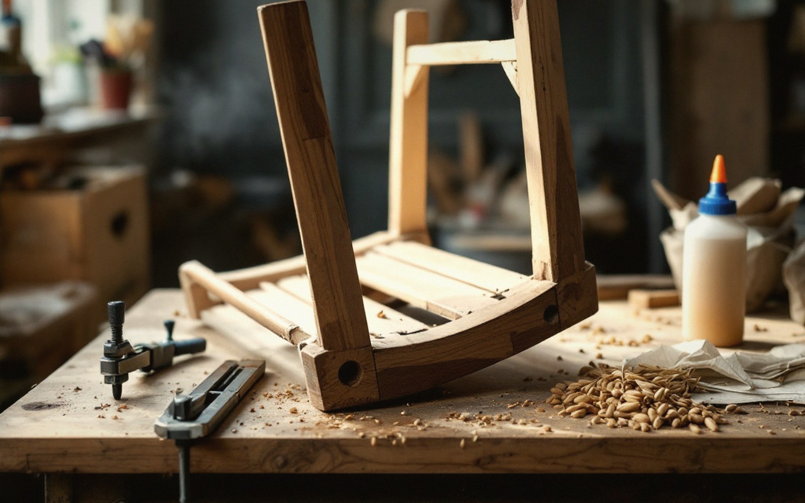 Wooden chair frame under repair with wood glue, clamps and sawdust on workbench