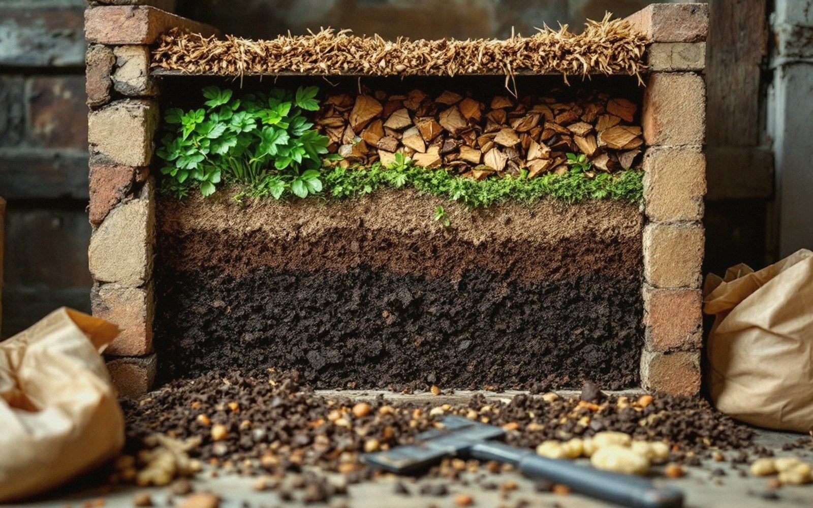 Cross-section of a brick compost bin showing layered straw, wood chips, greens and dark soil