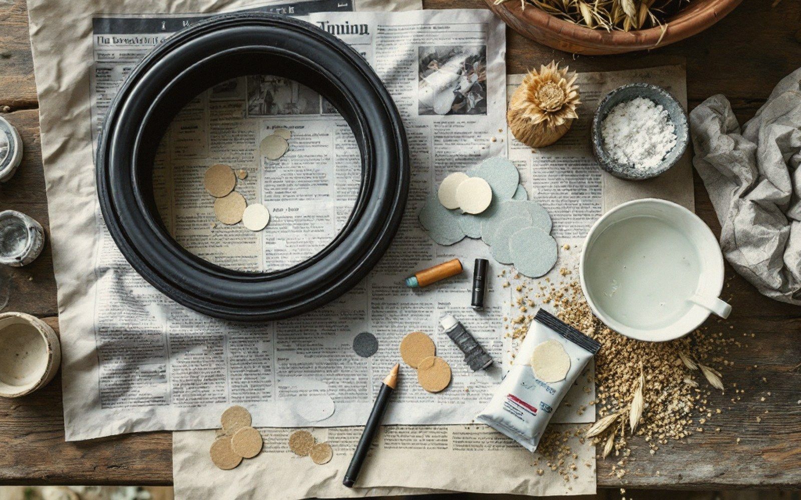 Bicycle tire patch kit laid out with sandpaper discs, glue, and a bowl of water