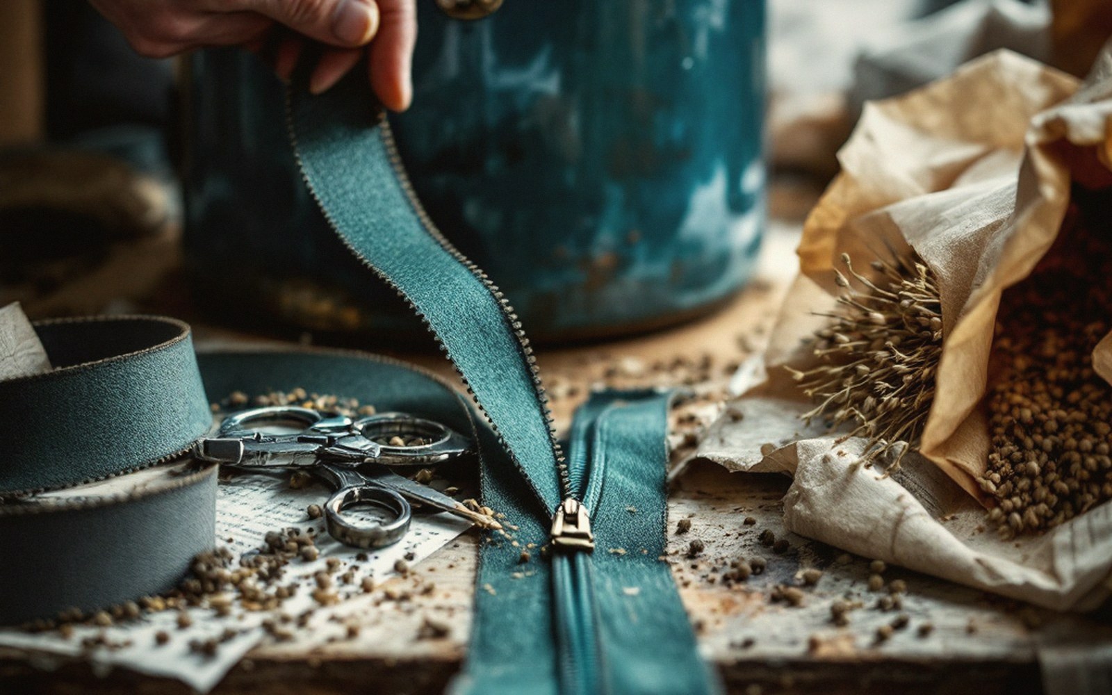 Hands lift a teal zipper on a workbench scattered with scissors, seeds, and dried plants