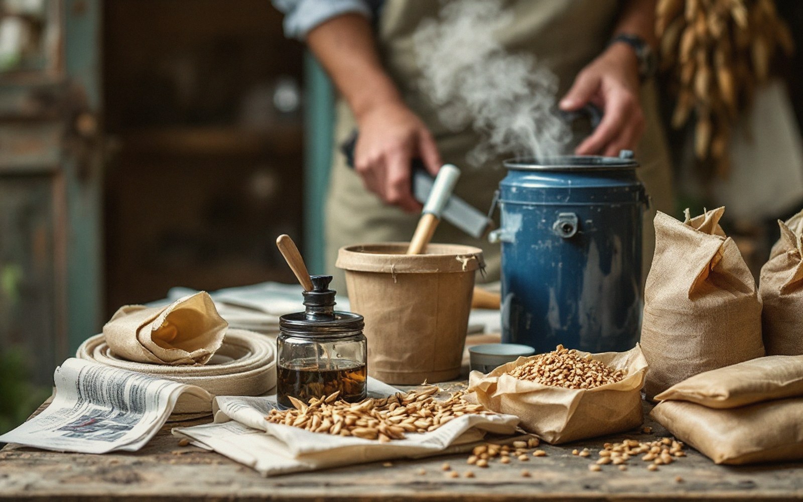 Grain, bran sacks and a steaming blue container laid out on a wooden table