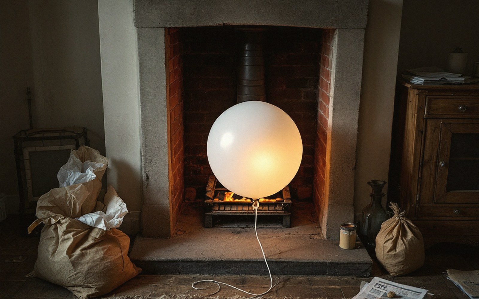 A large glowing white balloon sits inside a brick fireplace surrounded by paper sacks