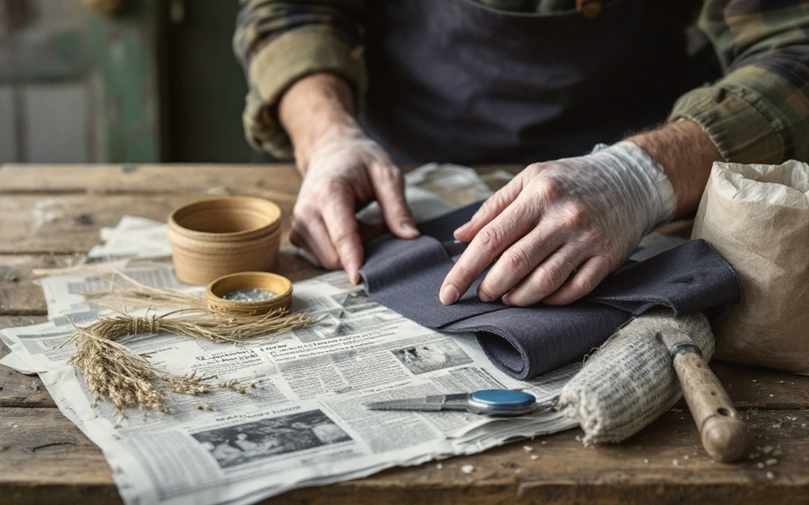 Hands folding dark fabric on a wooden table with newspaper, scissors and wooden bowls