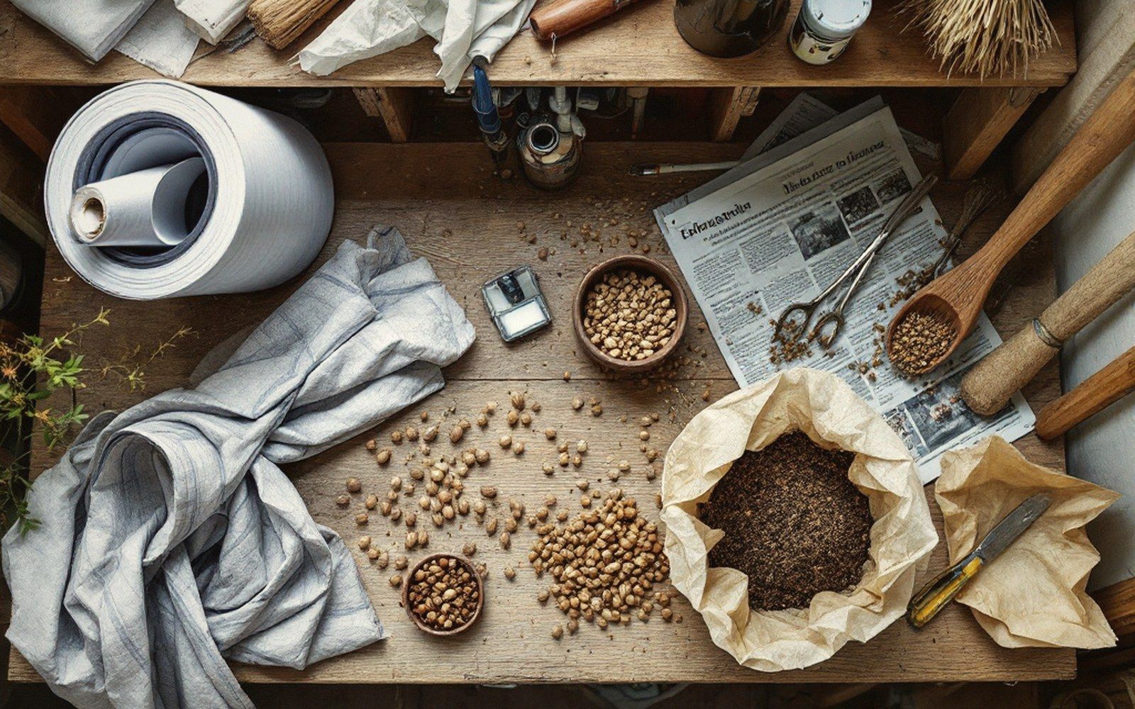 Overhead view of dried seeds, linen cloth, newspaper and tools on a wooden workbench