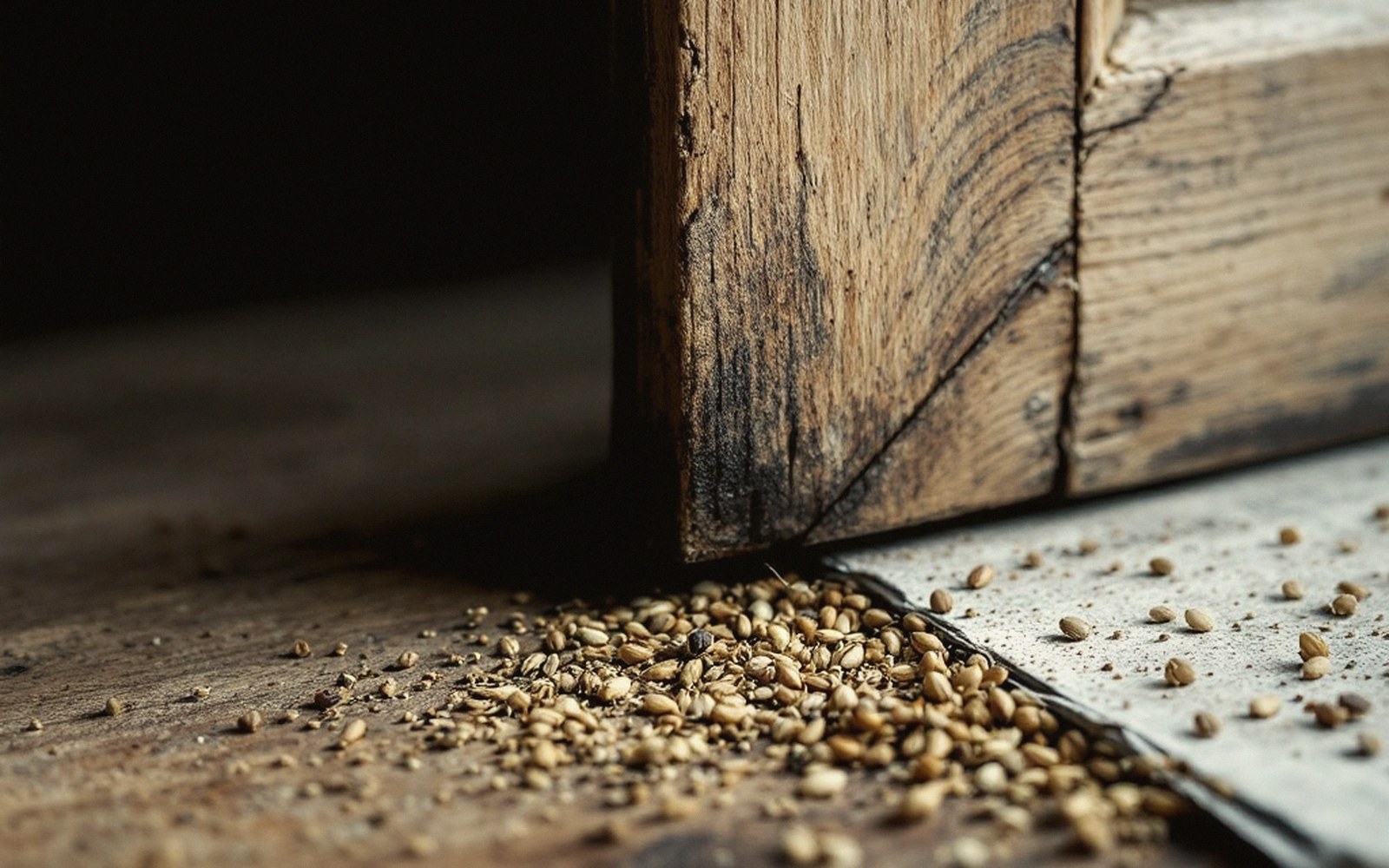 Grain kernels scattered on a wooden floor beside a weathered wooden door frame