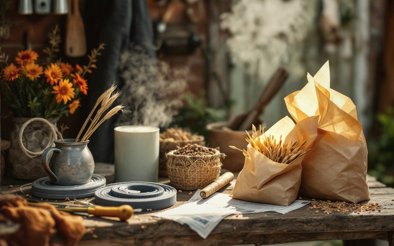 Paper bags of grain, wheat stalks, a candle and dried flowers arranged on a rustic table