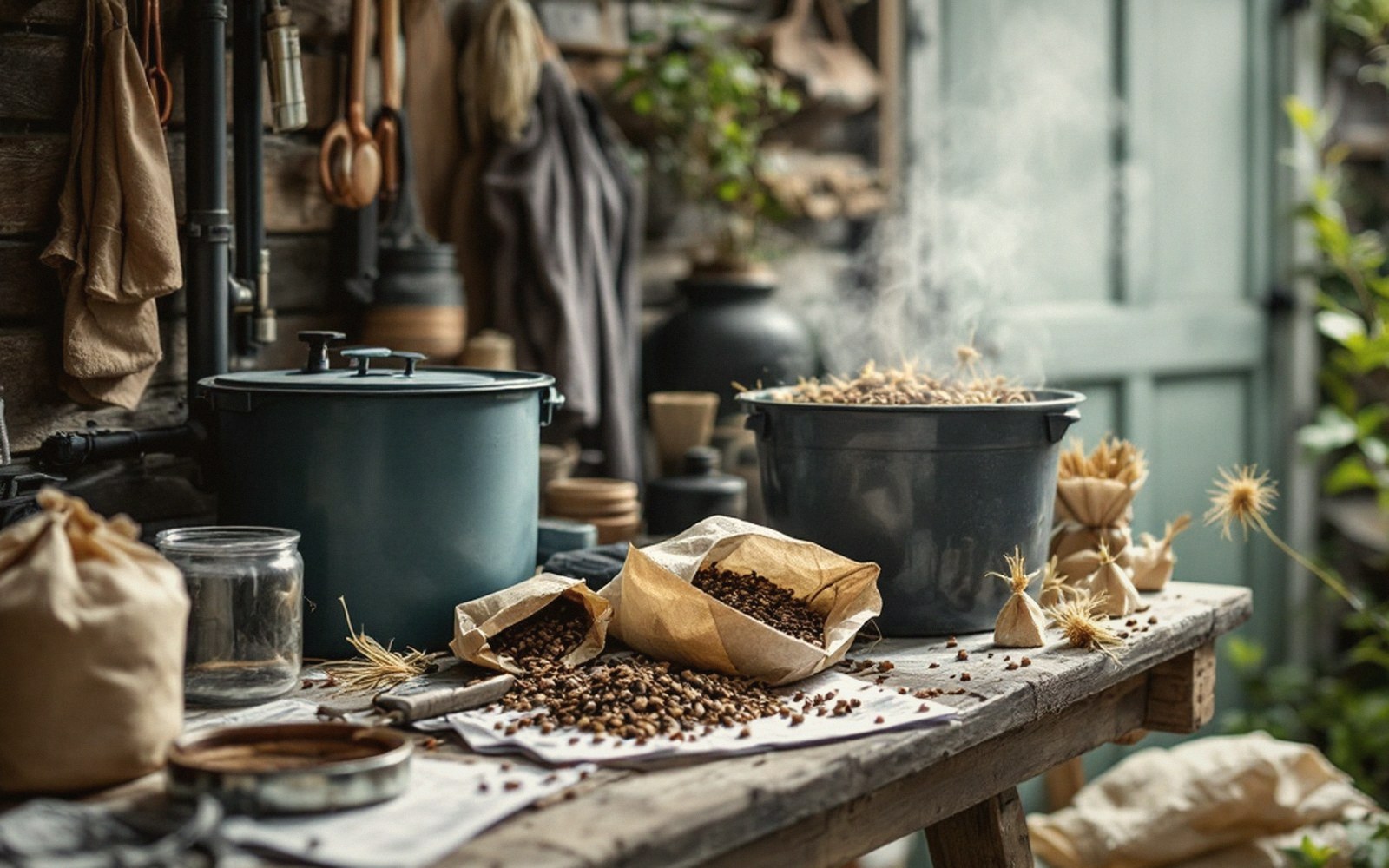 Coffee beans in paper bags and a steaming pot on a rustic wooden table