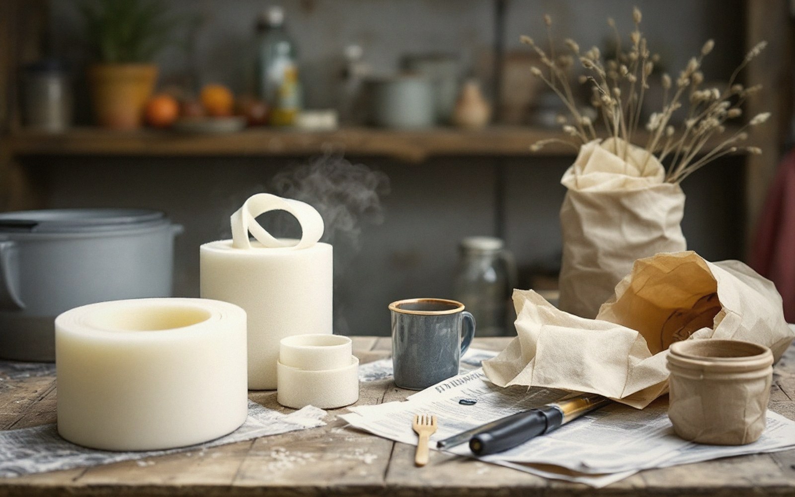 Foam pipe lagging sleeves arranged on a rustic wooden table with a steaming mug