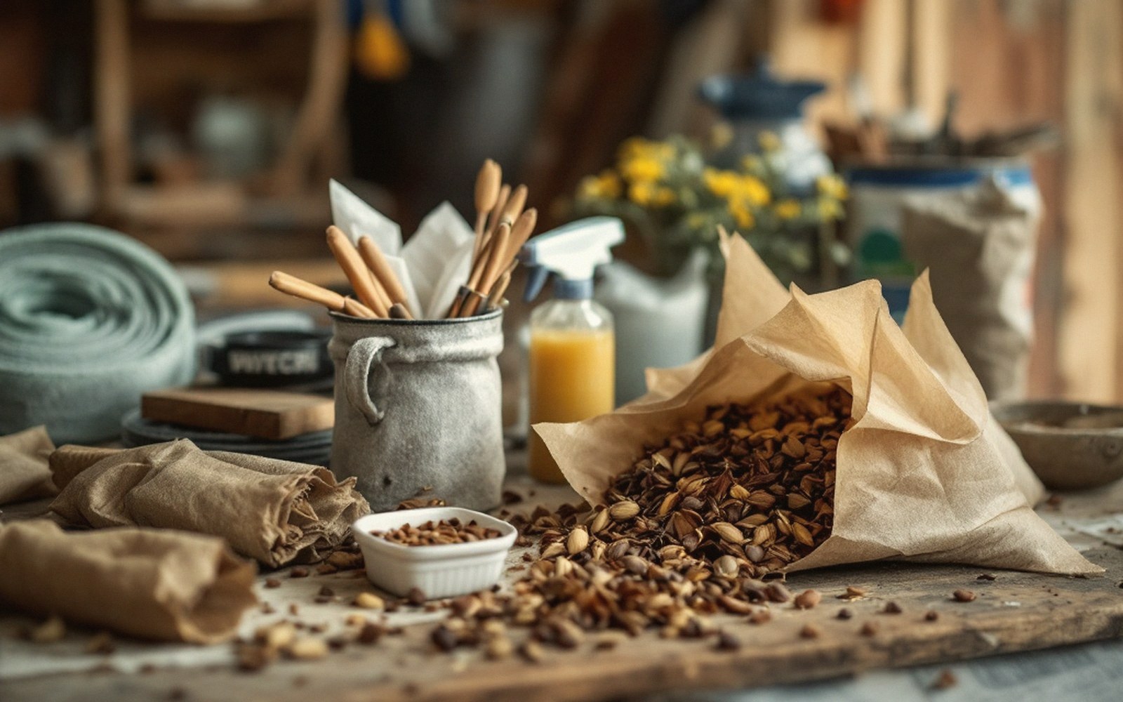 Paper bag spilling seed pods and dried plant matter across a rustic wooden table