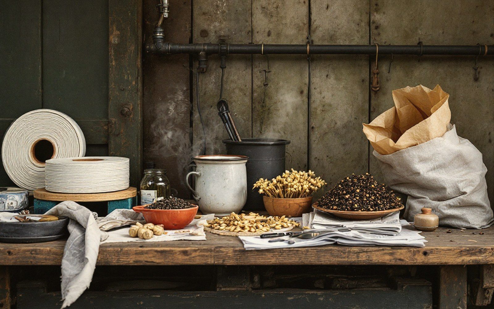 Wooden bench holds twine spools, dried herbs, dark spice piles, and a steaming enamel mug