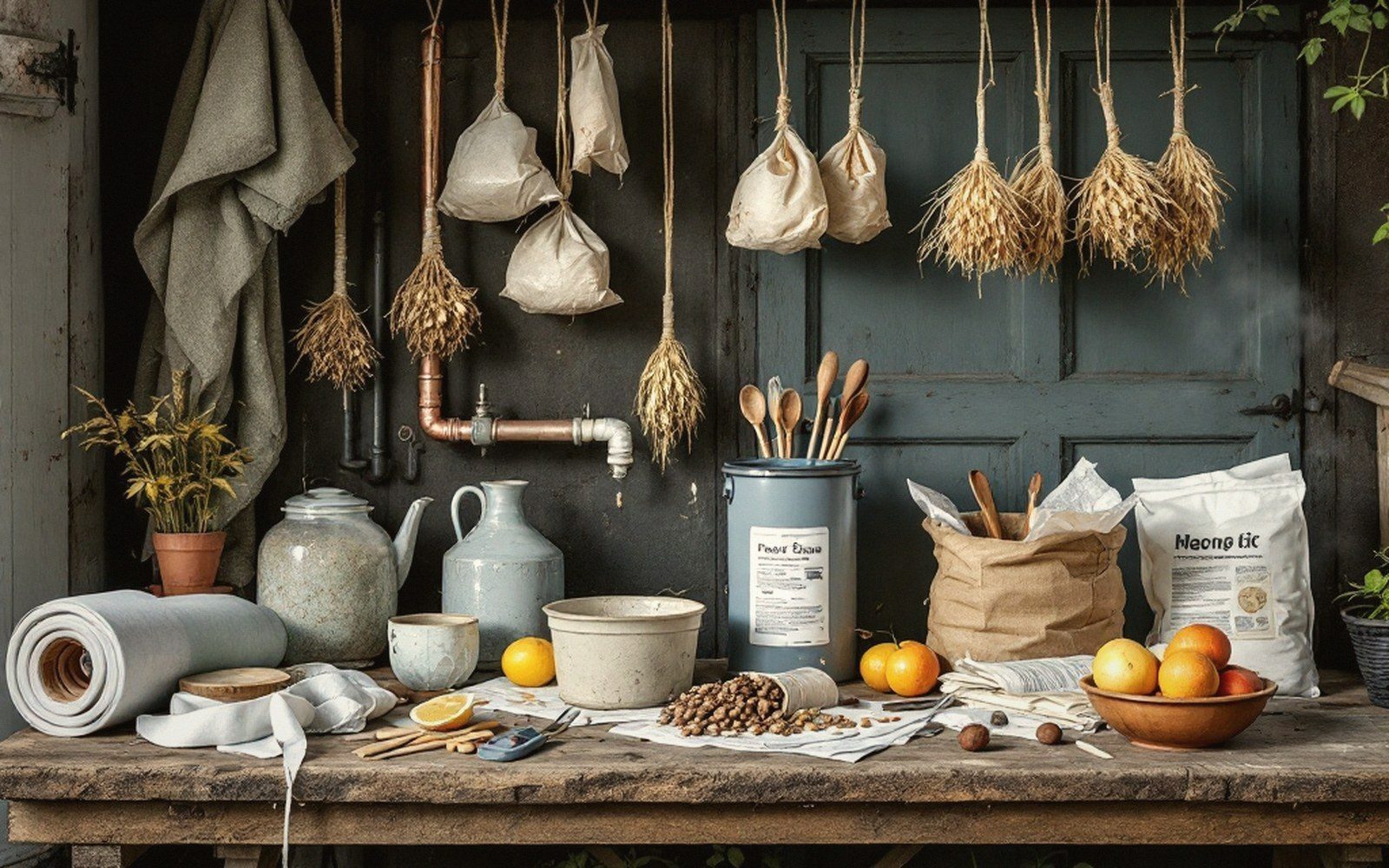 Dried herb bundles and seed pouches hang above a rustic table with fruit and jars