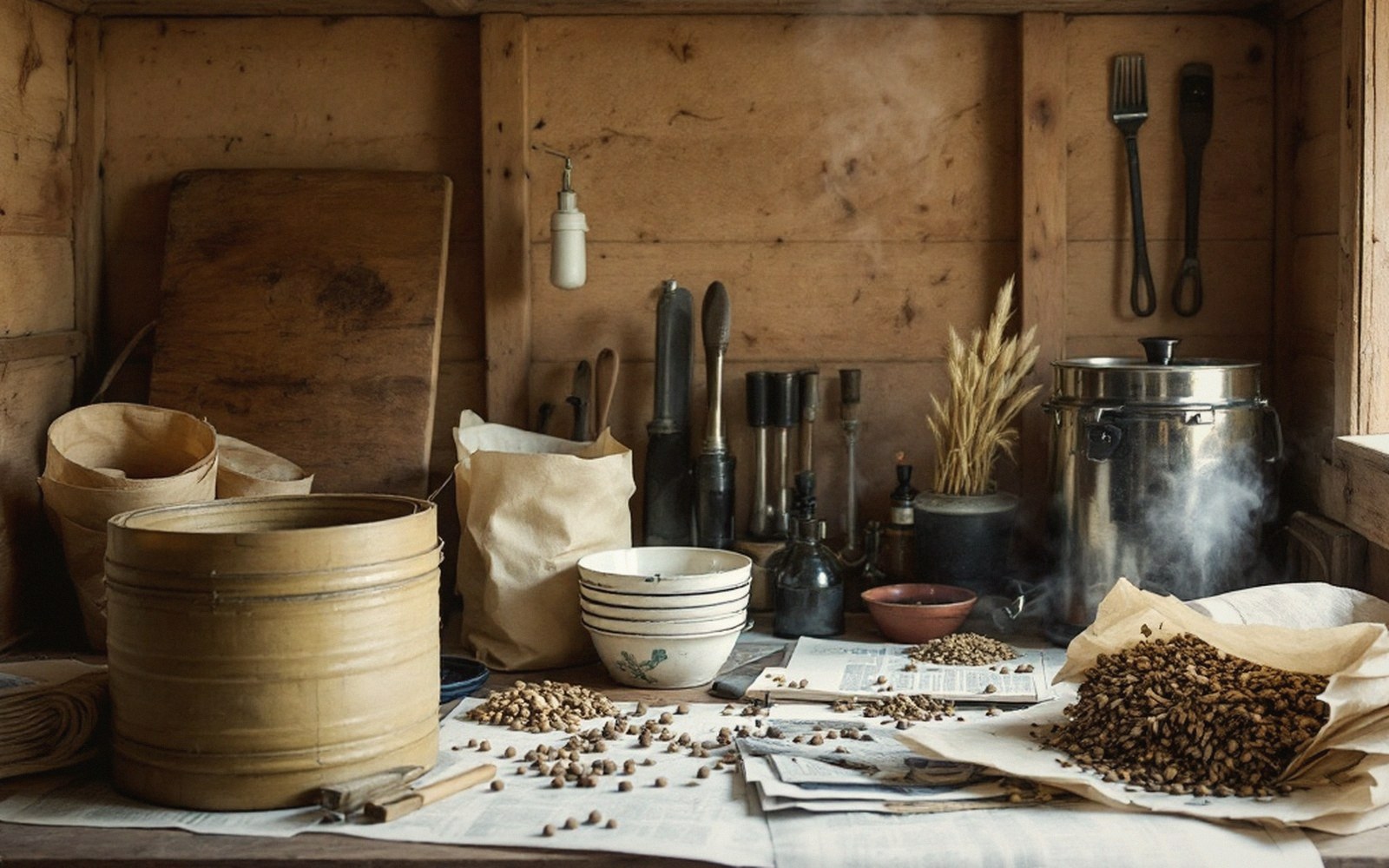Rustic wooden shelf with dried seeds, bowls, jars and a steaming metal canister