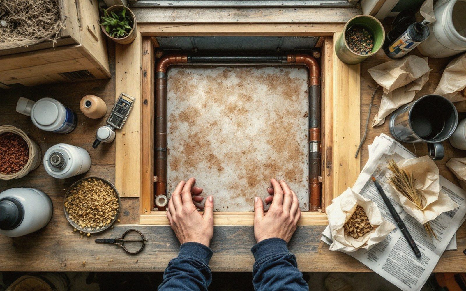 Hands resting on a rusty metal loft hatch surrounded by tools and jars