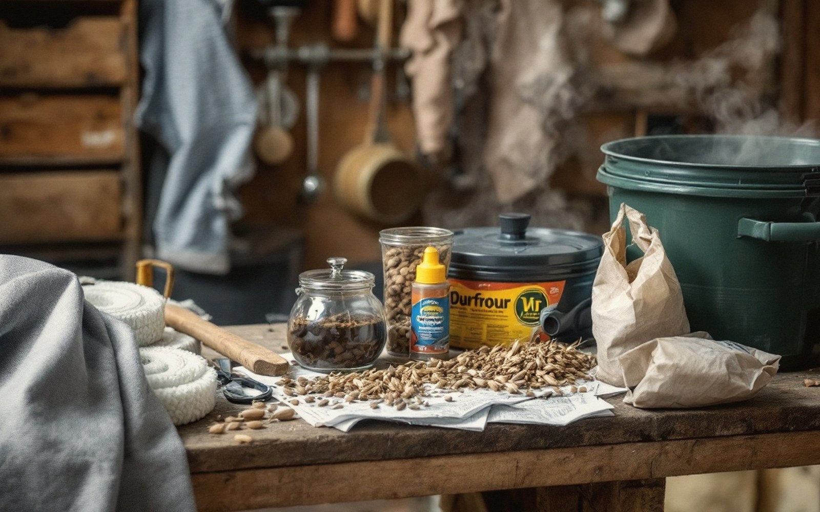 Grain seeds spread on newspaper beside jars, bottles and a steaming bucket on a workbench