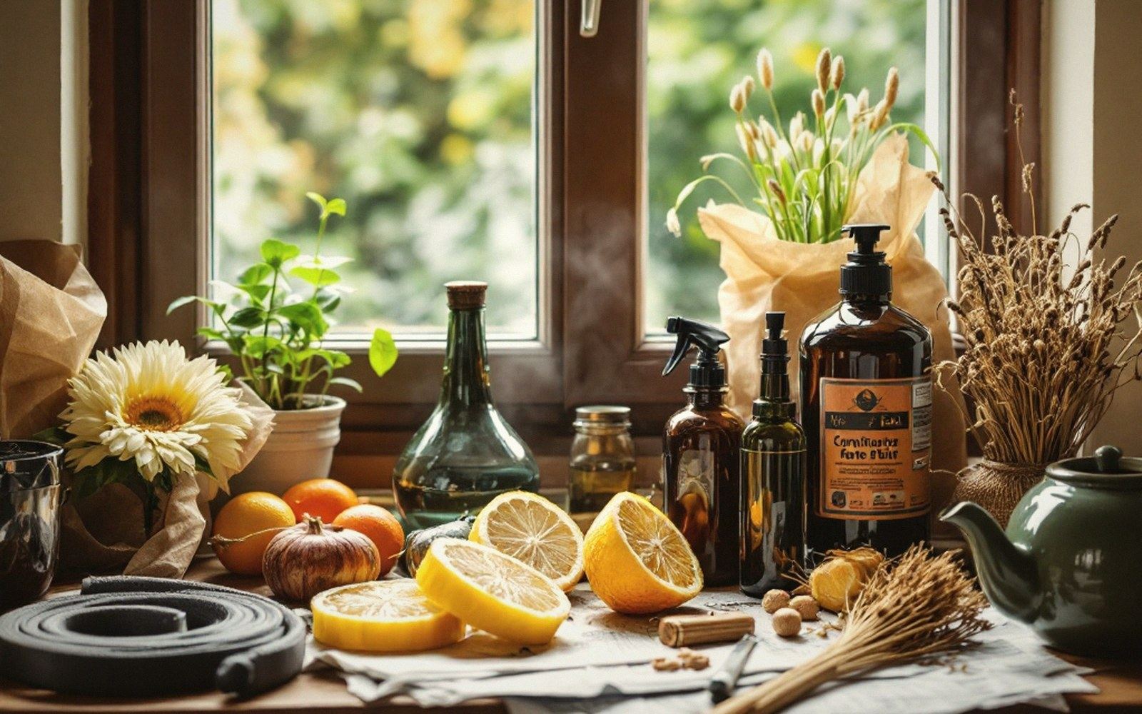 Sliced lemons, potted plants and glass bottles arranged on a sunlit windowsill