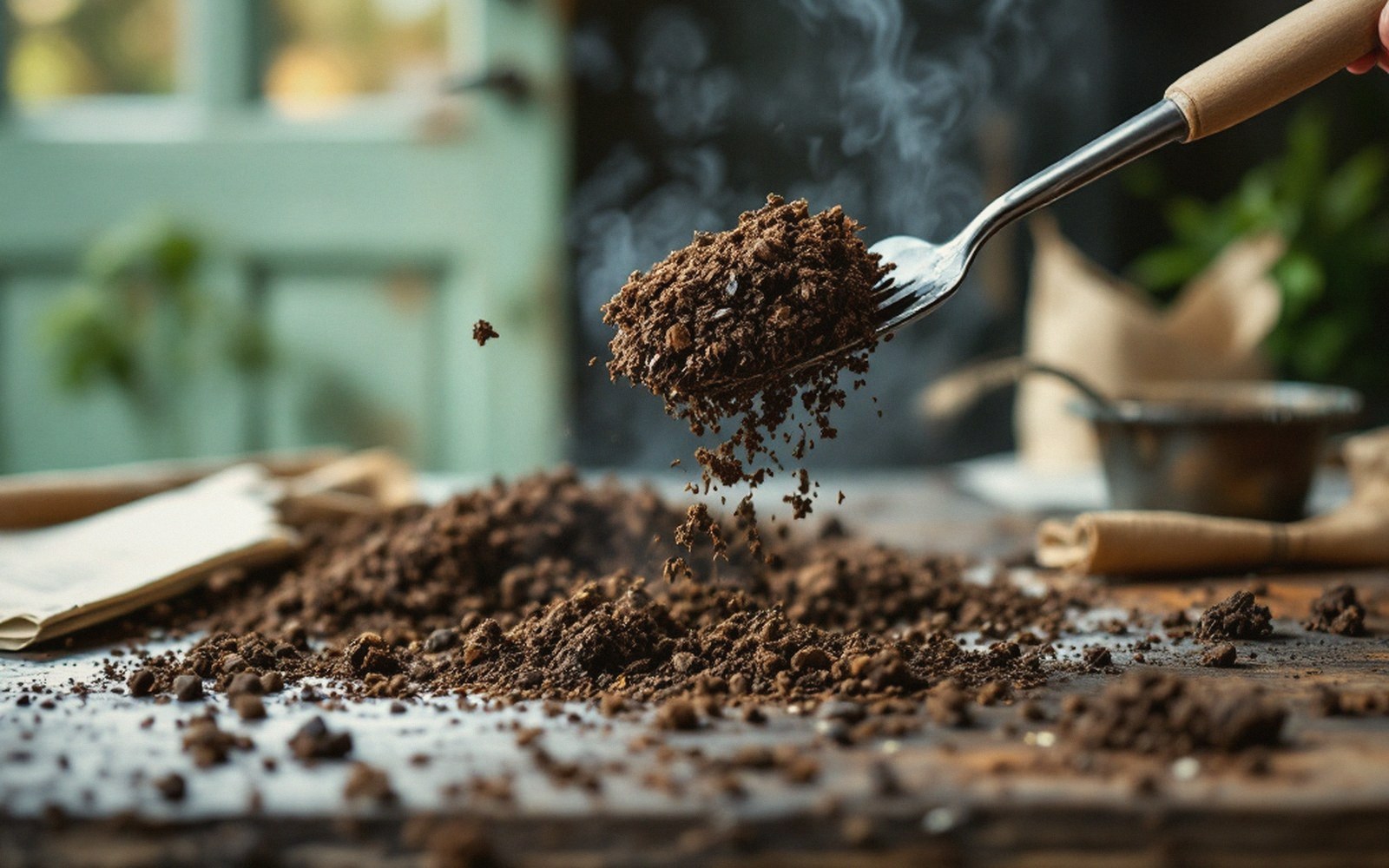 A hand lifts a steaming scoop of used coffee grounds from a heaped pile on a table