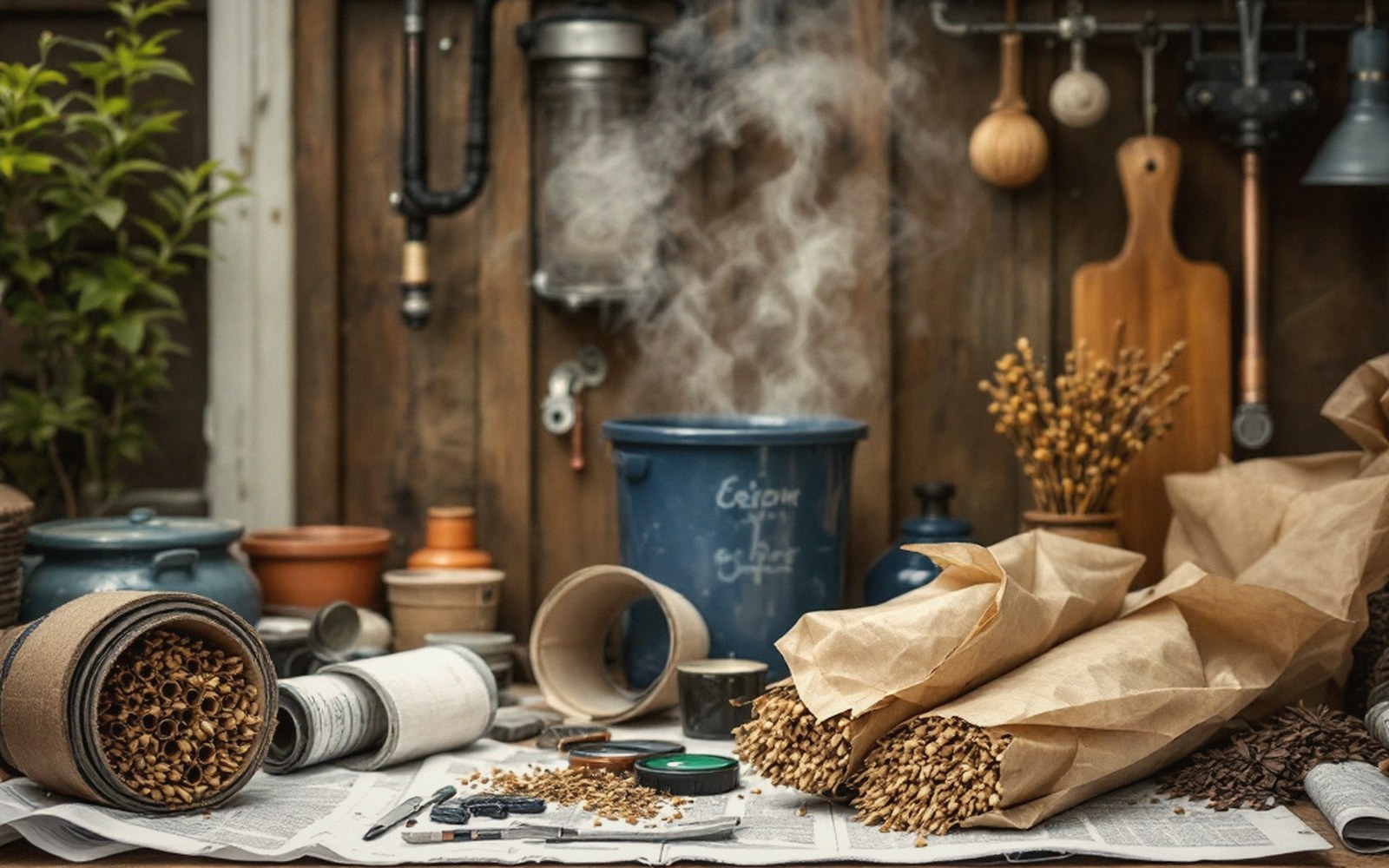 Bundled dried stems, seed packets, clay pots and a steaming blue bucket on a rustic workbench