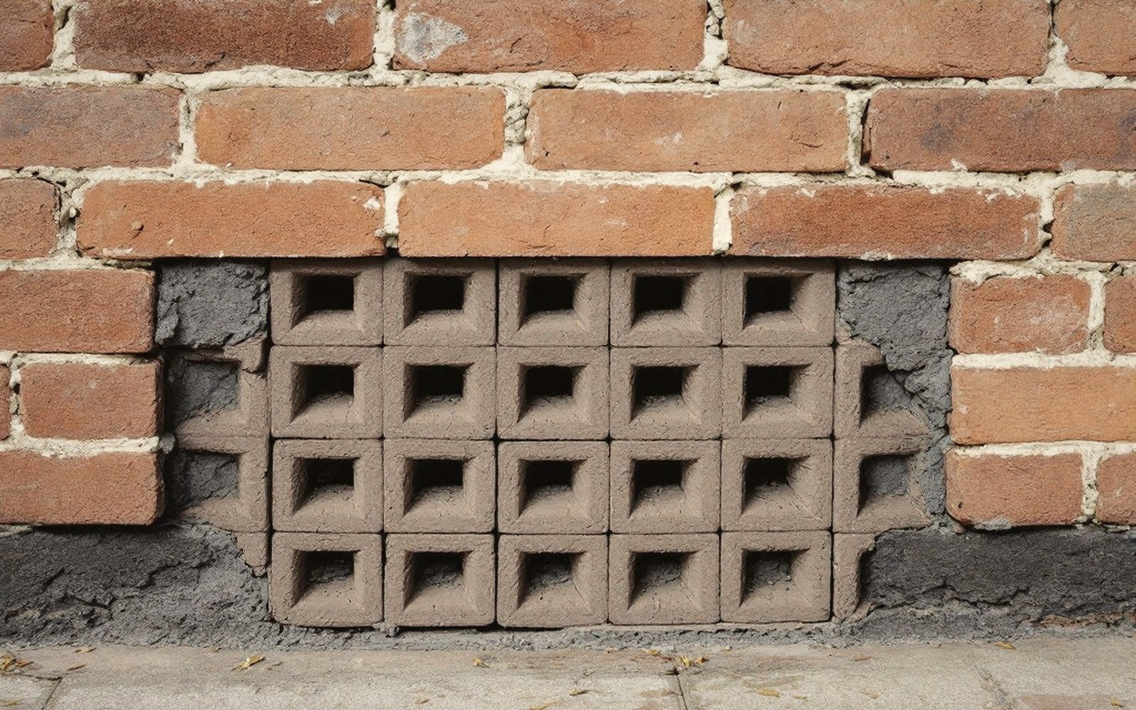 A concrete airbrick vent with square perforations set into a brick wall