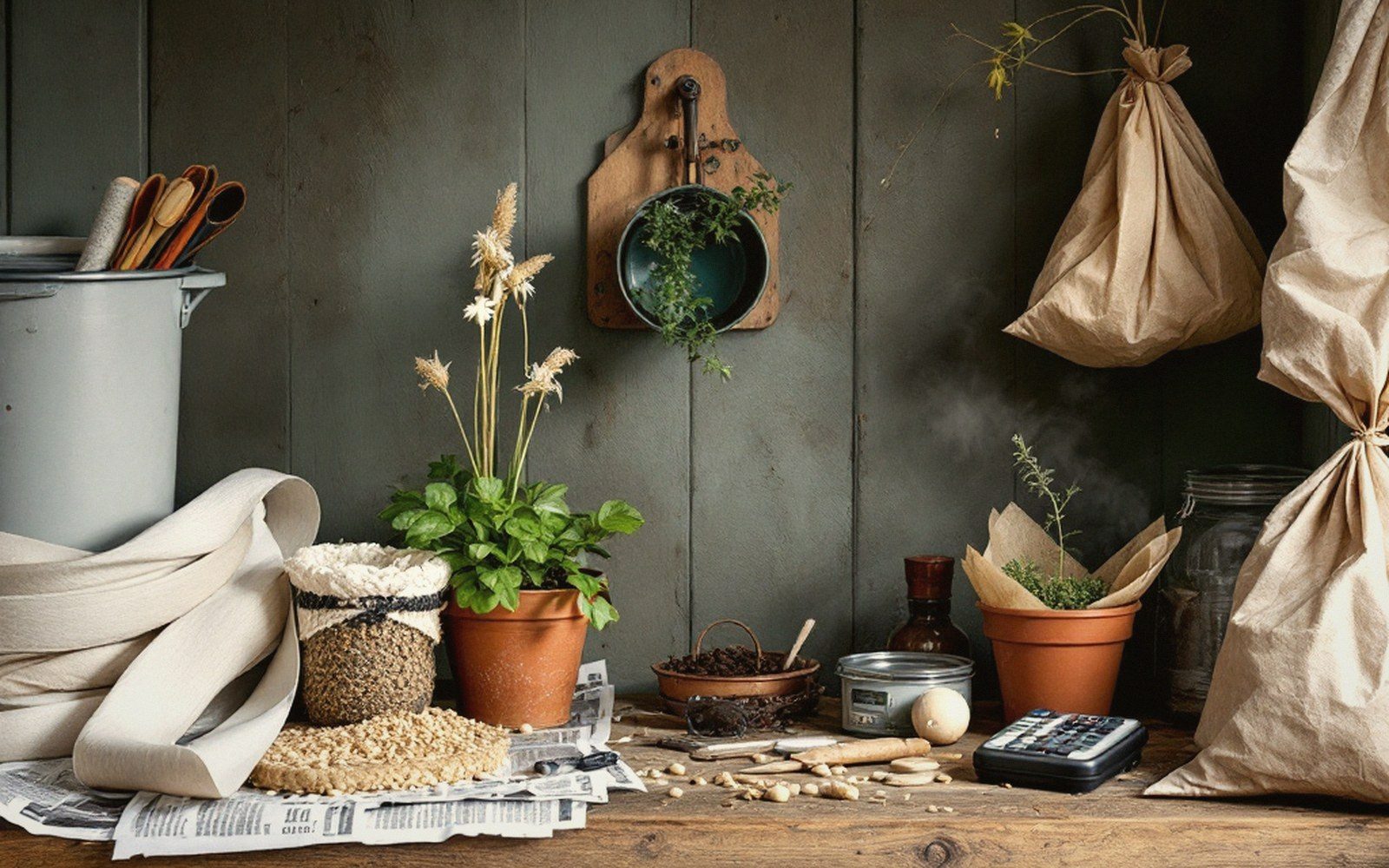 Potted herbs, seed packets, twine and paper bags arranged on a rustic wooden shelf