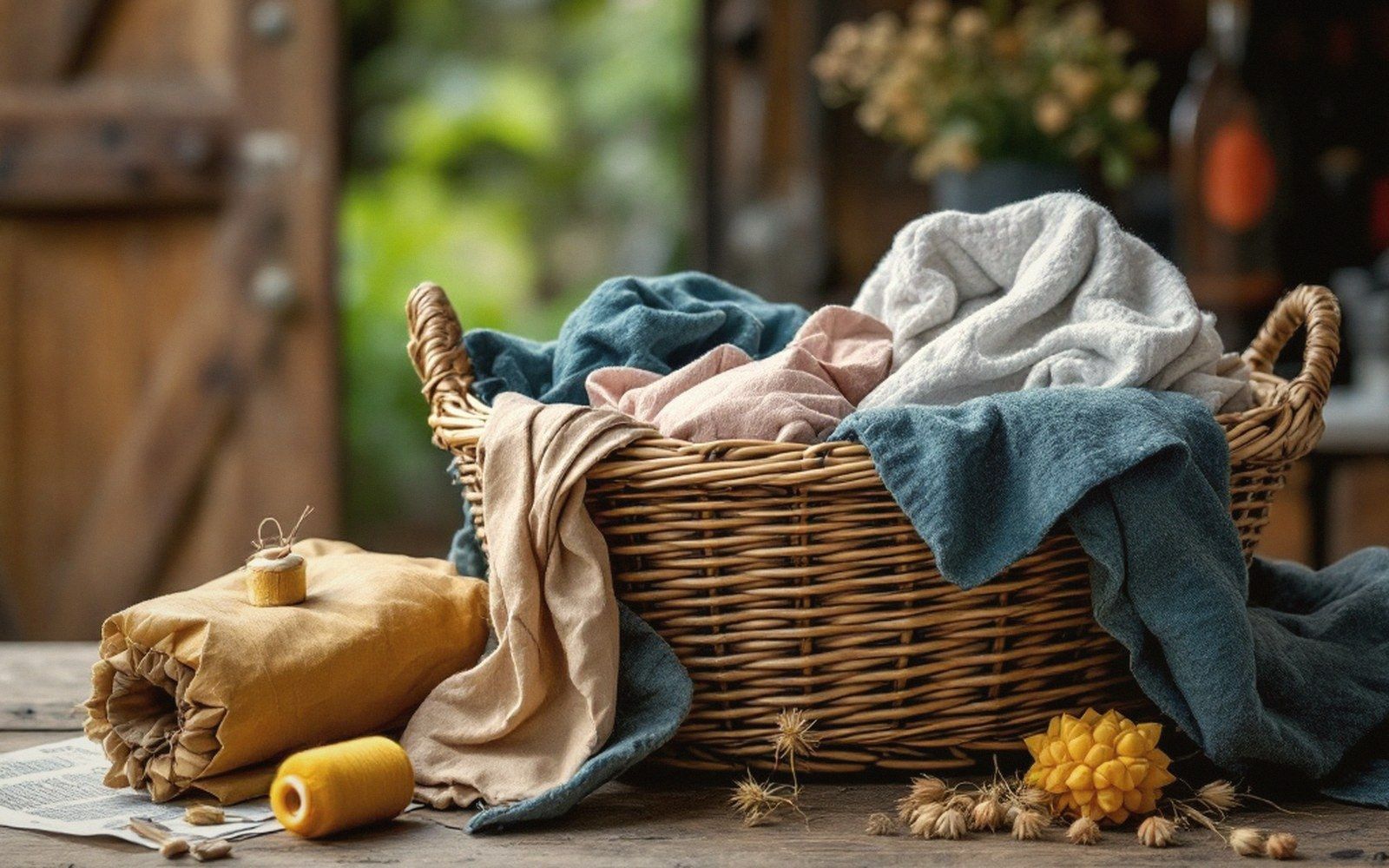 A basket of textiles with needle and thread on top