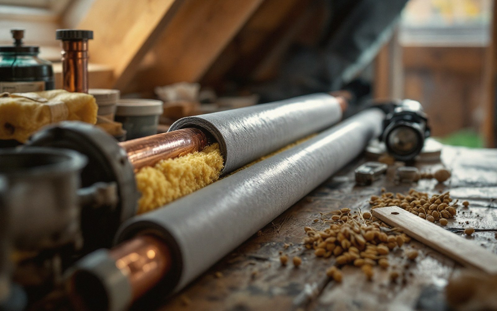 Foam insulation sleeves fitted over copper pipes running through an attic space