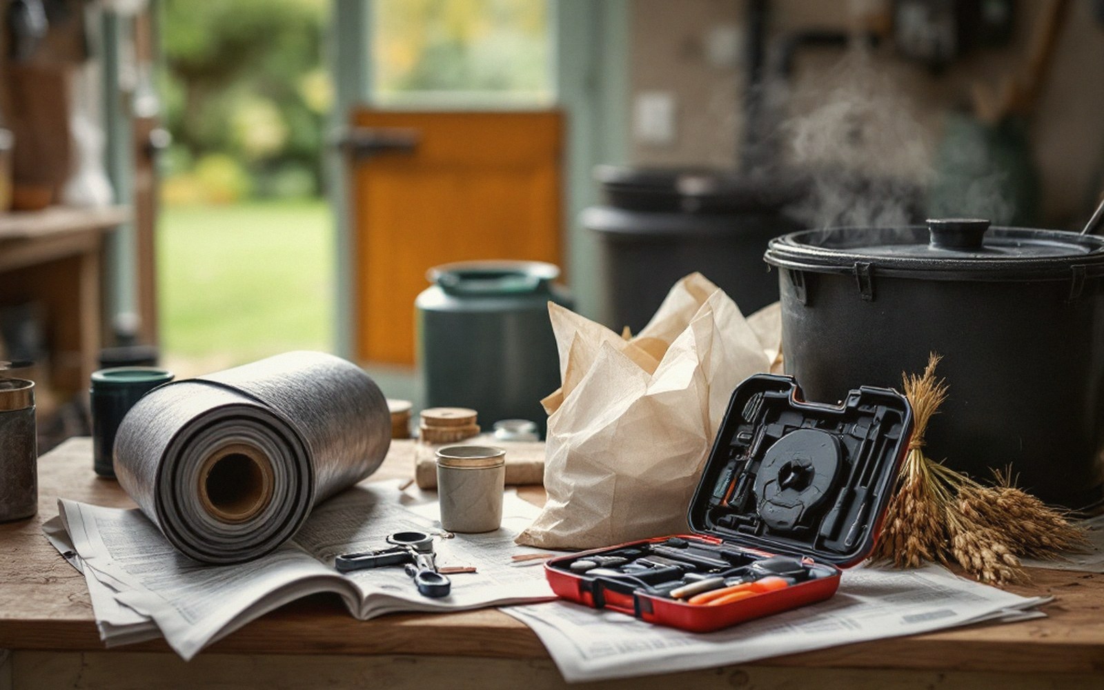 A puncture repair kit open on newspaper