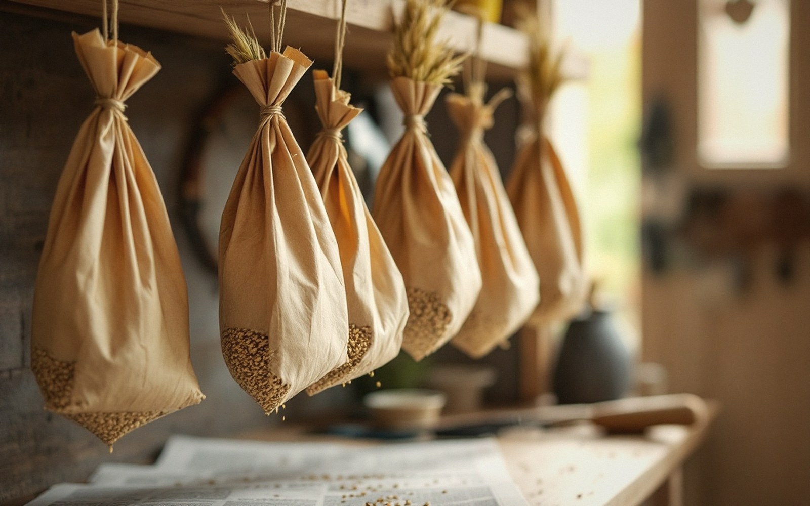 Cloth bags filled with seeds hang tied from a wooden shelf to dry