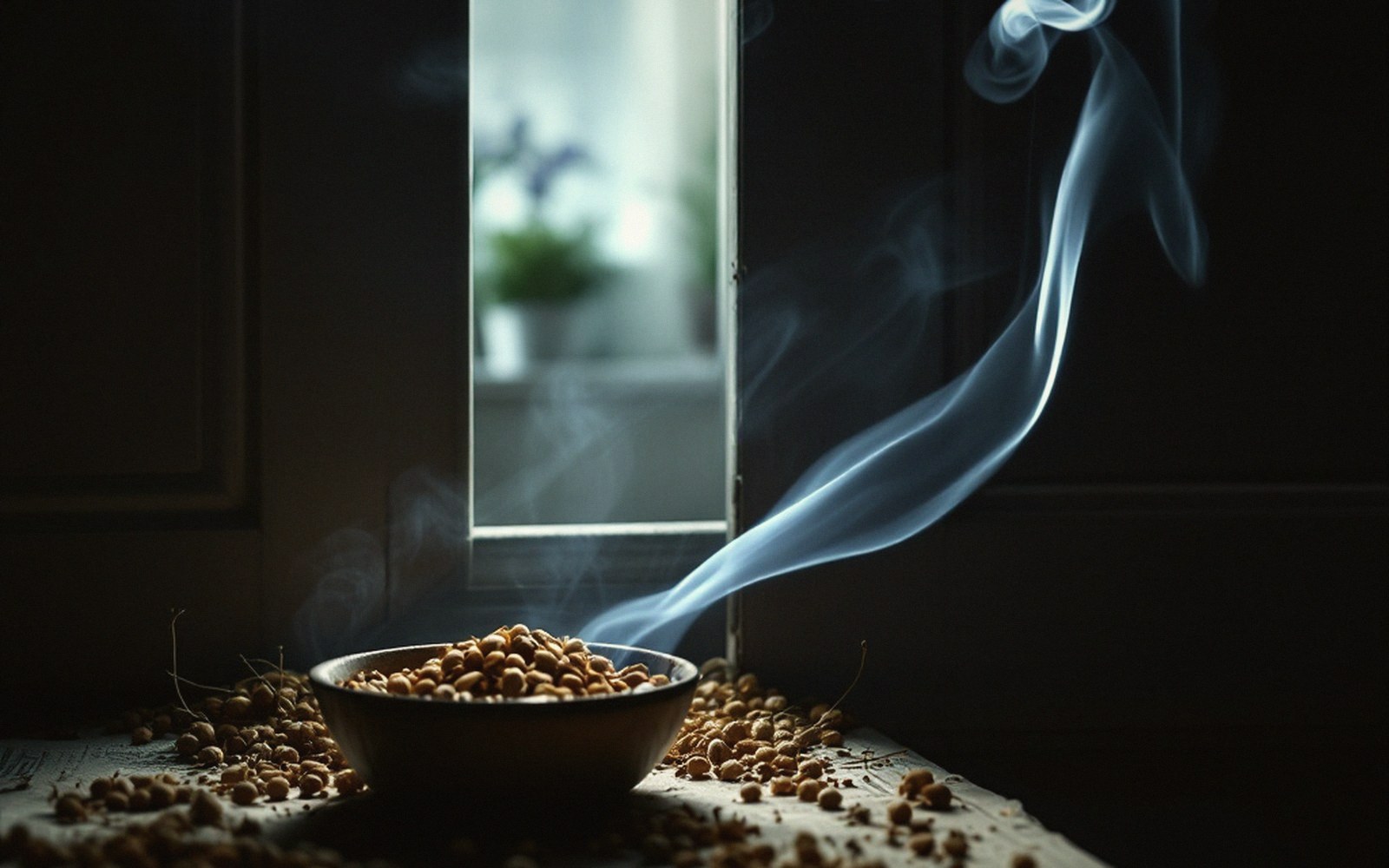 Smoke curls upward from a bowl of dried peas near an open window