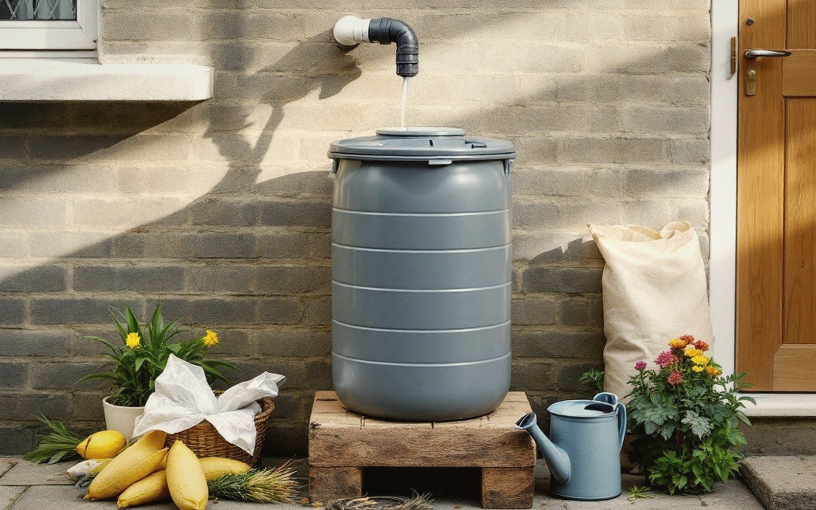 Grey water butt collecting rainwater from a downpipe beside a wooden crate and watering can